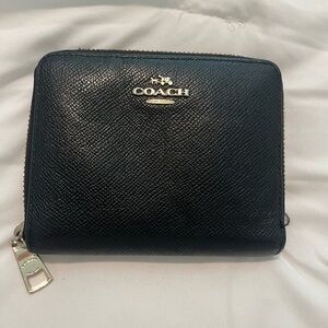 Coach Black Pebbled Leather Zip Wallet with Gold Logo